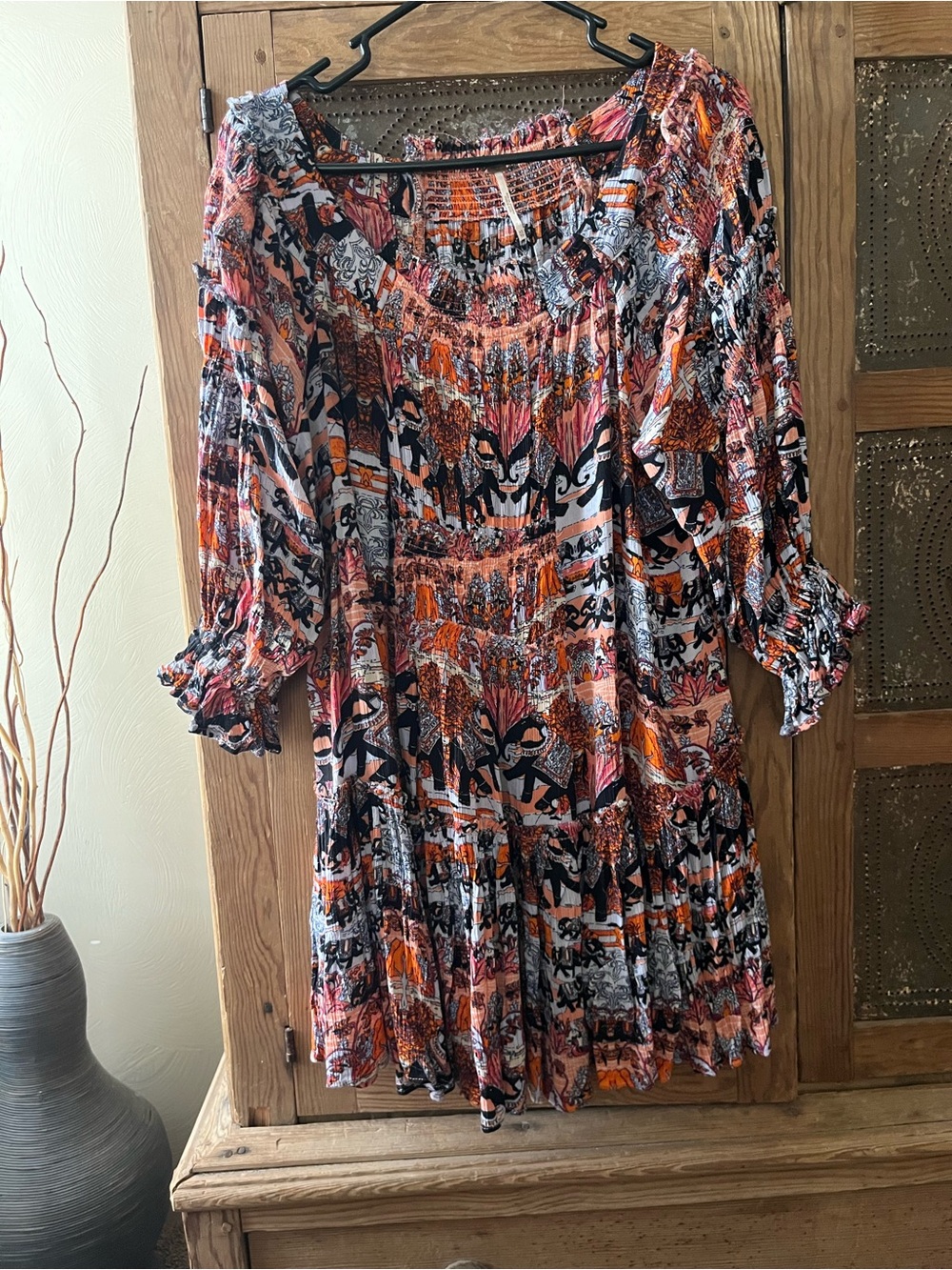 Free People Orange Black Pink Patterned Smocked Midi Dress